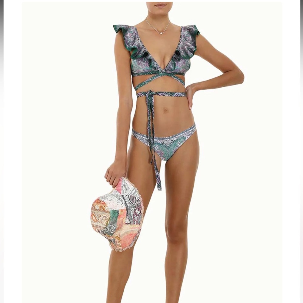 Zimmermann Green Paisley Ruffle Wrap Bikini